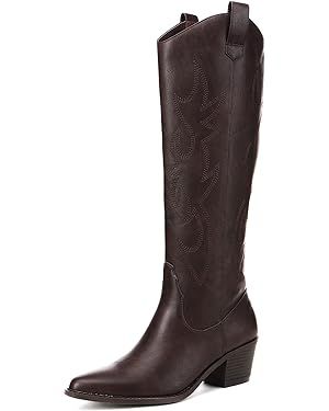 Athlefit Women's Western Embroidered Cowboy Boots Pointed Toe Chunky Heel Pull On Knee High Boots | Amazon (US)