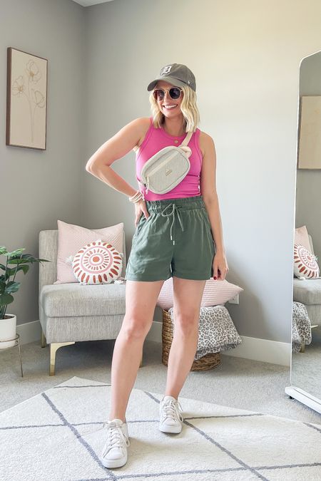 Green pull on shorts styled with a pink tank top. 

Tank- small
Shorts- xs

#LTKSeasonal #LTKsalealert #LTKstyletip