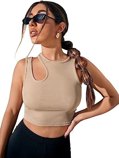 MakeMeChic Women's Asymmetrical Neck Cut Out Rib Knit Tank Vest Crop Top | Amazon (US)