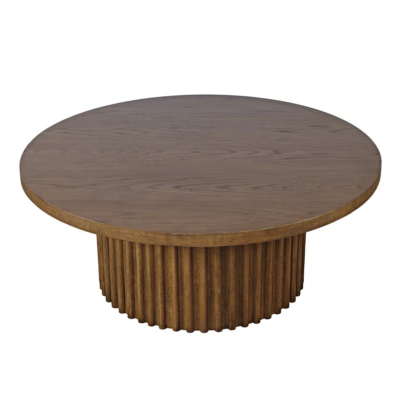 Rovena 40" Round Mid-Century Modern Fluted Pedestal Base Coffee Table With Caster Wheels - Chestn... | Wayfair North America