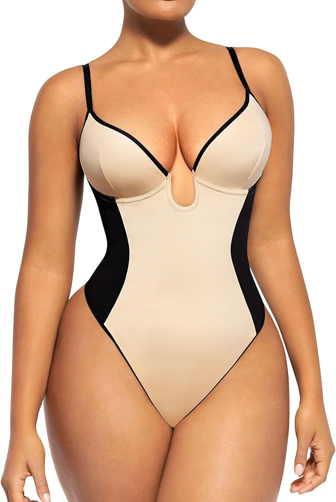 SHAPELLX Shapewear Bodysuit for Women Thong Backless Body Shaper Tummy Control U Plunge Strapless... | Amazon (US)