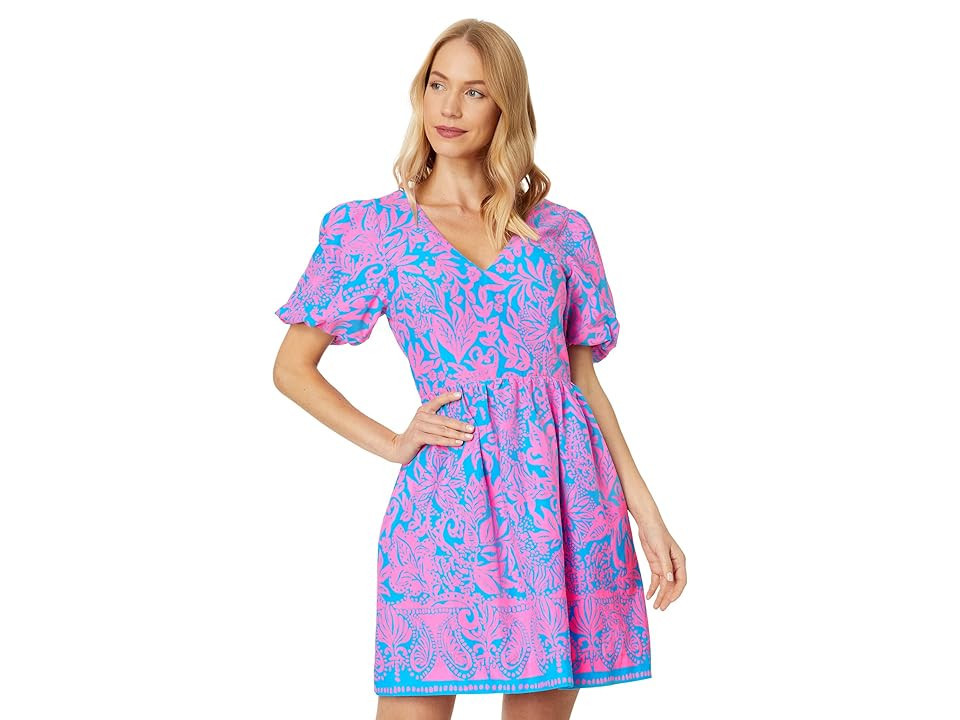 Lilly Pulitzer Suzie Short Sleeve Cotton Dress Women's Dress Aura Pink Leaf An Impression : 14 | Zappos
