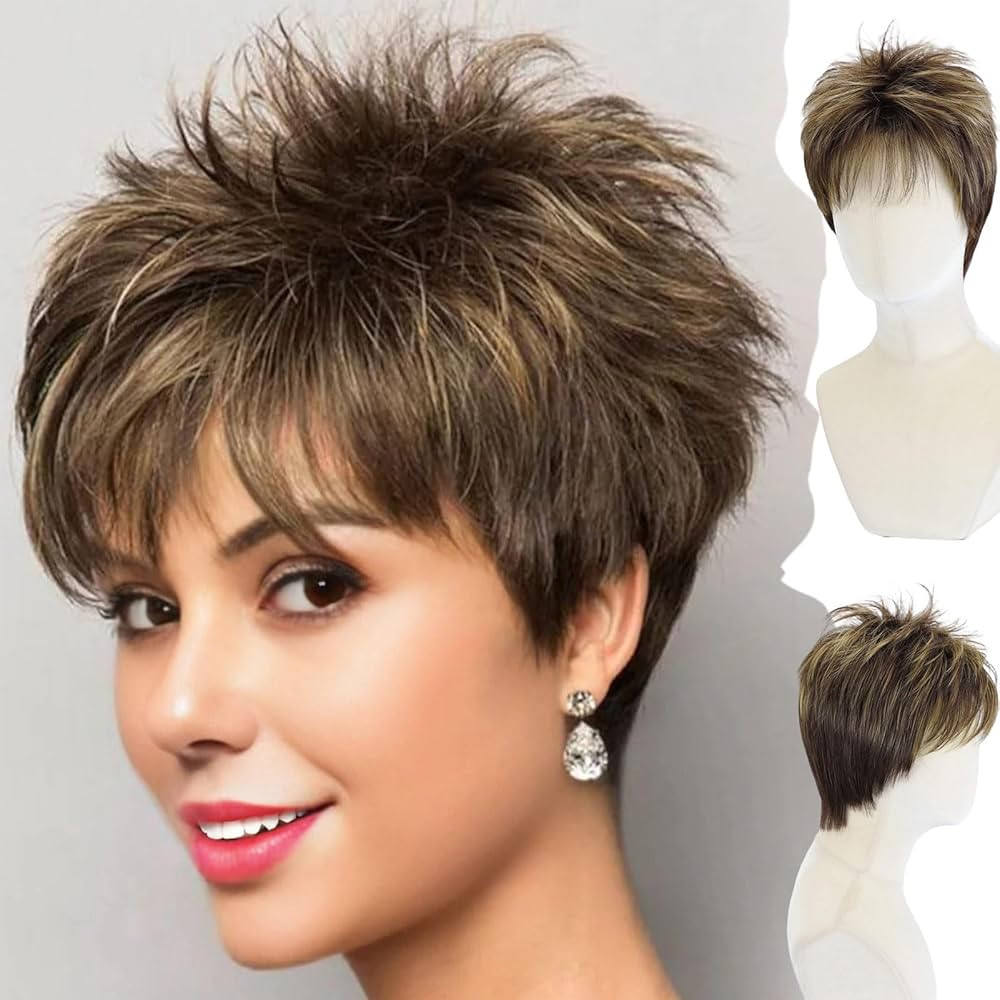 WIGYY Short Pixie Wig for White Women – Medium Golden Brown Curly Synthetic Wig with Bangs, Glu... | Amazon (US)