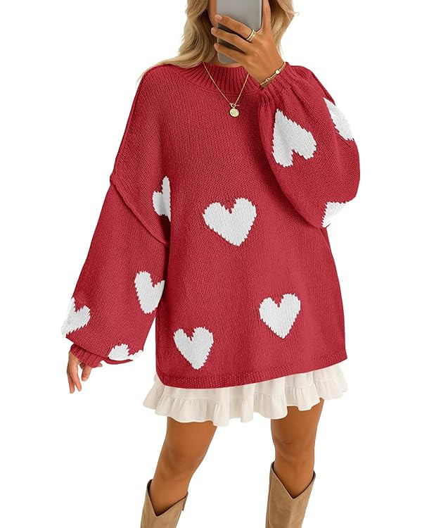 Saodimallsu Womens Oversized Heart Sweater Valentines Cute Mock Neck Chunky Knit Long Sleeve Tuni... | Amazon (US)