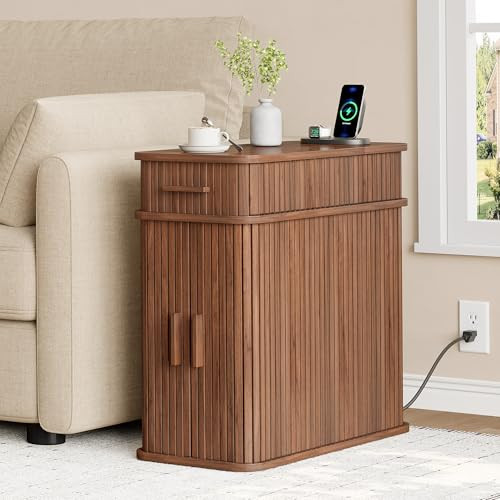 ONBRILL Fluted End Table with Charging Station, Narrow Side Table with Drawers, Wood Skinny Nightstand with Storage, Mid-Century Modern Bedside Tables for Small Space Living Room Bedroom Sofa Couch | Amazon (US)