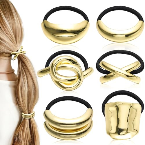 obeoby 6 PCS Metal Hair Ties, Gold Hair Cuffs Ponytail Cuff Hair Elastic Gold Hair Accessories for Women | Amazon (US)