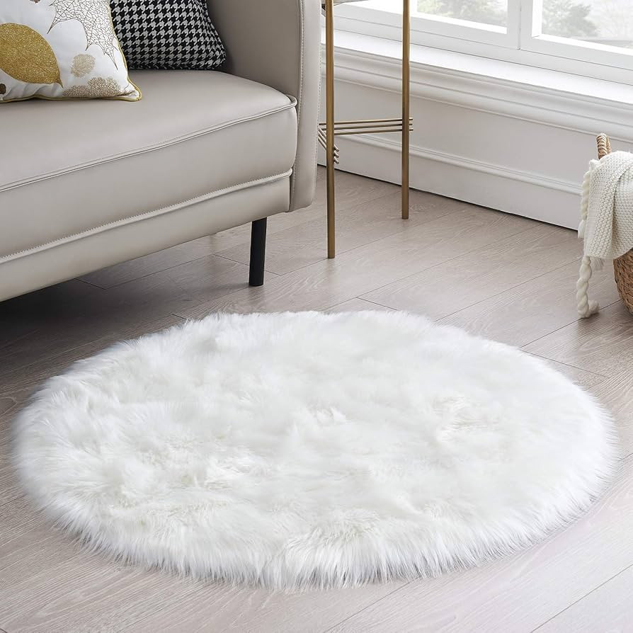 Round Fur Rug Fluffy Area Rug for Bedroom, White Faux Fur Rug Furry Circle Rug for Kids Room, Cut... | Amazon (US)