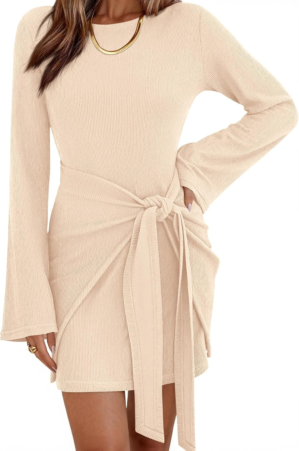 dowerme Women Bell Long Sleeve Tie Waist Bodycon Mini Dress | Amazon (US)