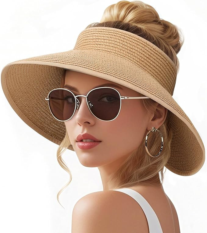 Sun Visors Hats for Women, Fashionable Straw Beach Hat with Wide Brim, Sun Hat UPF 50+ UV Protect... | Amazon (US)