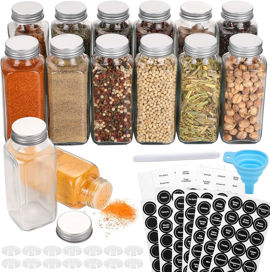 AOZITA 14 Pcs Glass Spice Jars with Spice Labels - 8oz Empty Square Spice Bottles - Shaker Lids a... | Amazon (US)