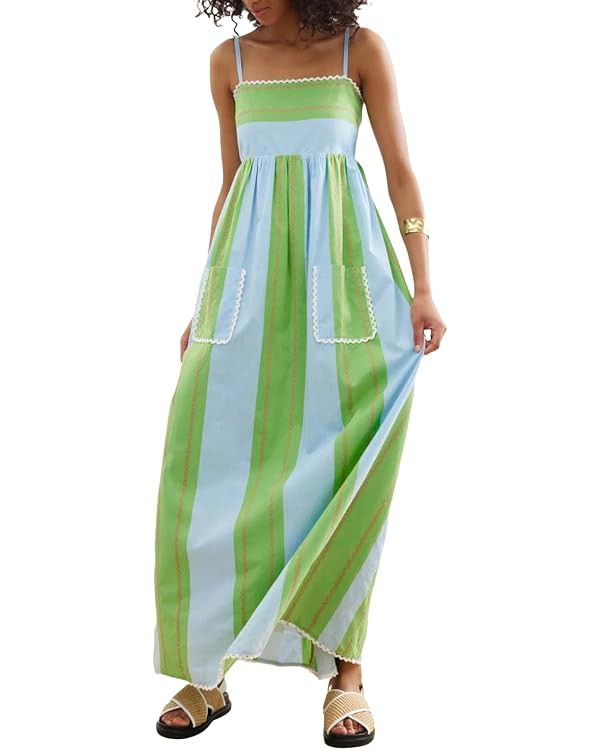 Women Strap Striped Cami Maxi Dress Y2k Sleeveless Backless Ruffle Going Out Vacation Bach Flowy ... | Amazon (US)