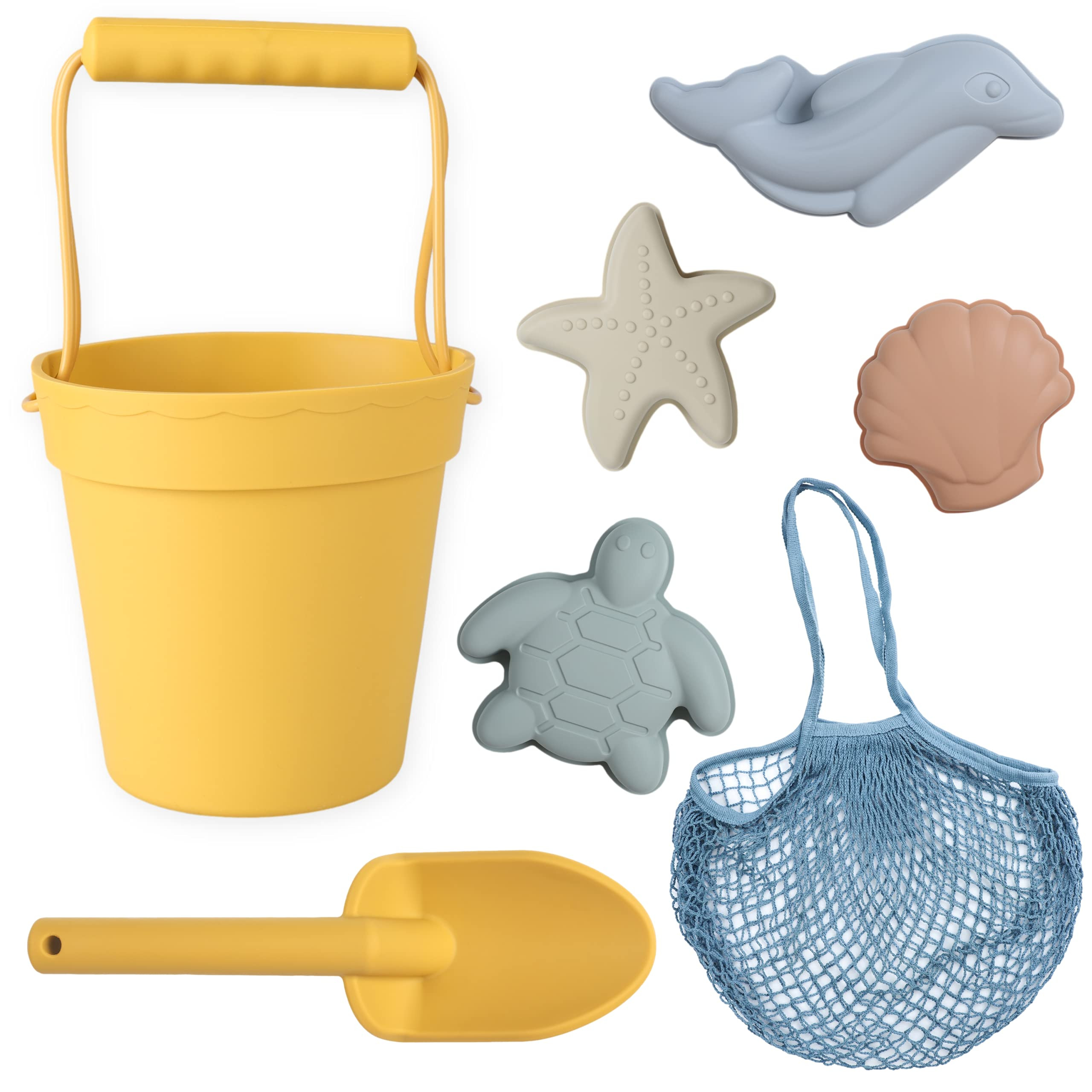 BLUE GINKGO Silicone Beach Toys - Modern Baby | Travel Friendly Beach Toys Set | Silicone Bucket, Shovel, 4 Sand Molds, Beach Bag | Sand Toys for Toddlers, Kids - Yellow | Amazon (US)