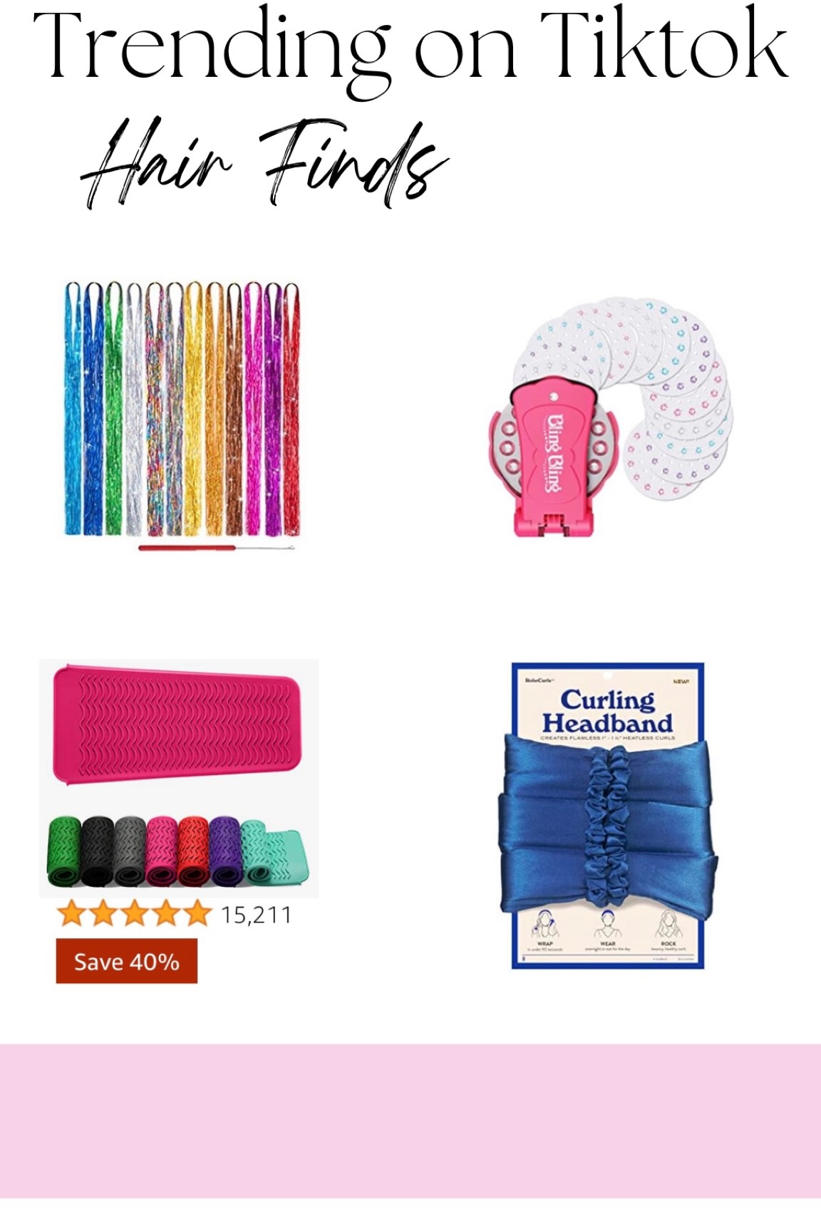 Trending on tiktok: Hair finds + hair styling finds🫶🏻 I recently bought the hair tinsel and bling bling for my hair & just love it!! It’s so fun and cute. Other trending tiktok viral products - heat resistant pad ( a must have ) and the hair robe hair curler. A curling headband is great to have for easy styling. Grab these Amazon finds! 

#LTKbeauty