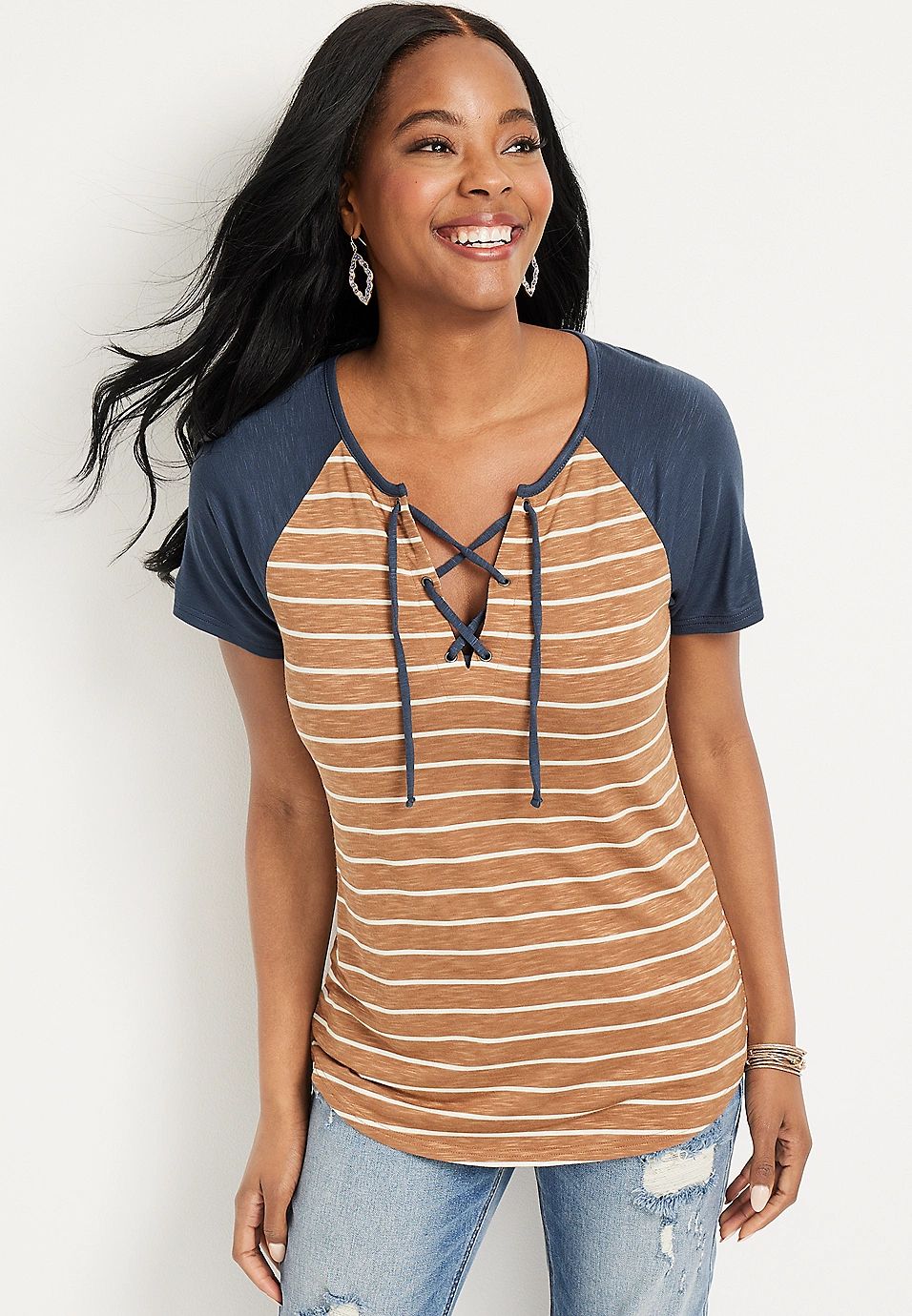 Varsity Striped Lace Up V Neck Tee | Maurices