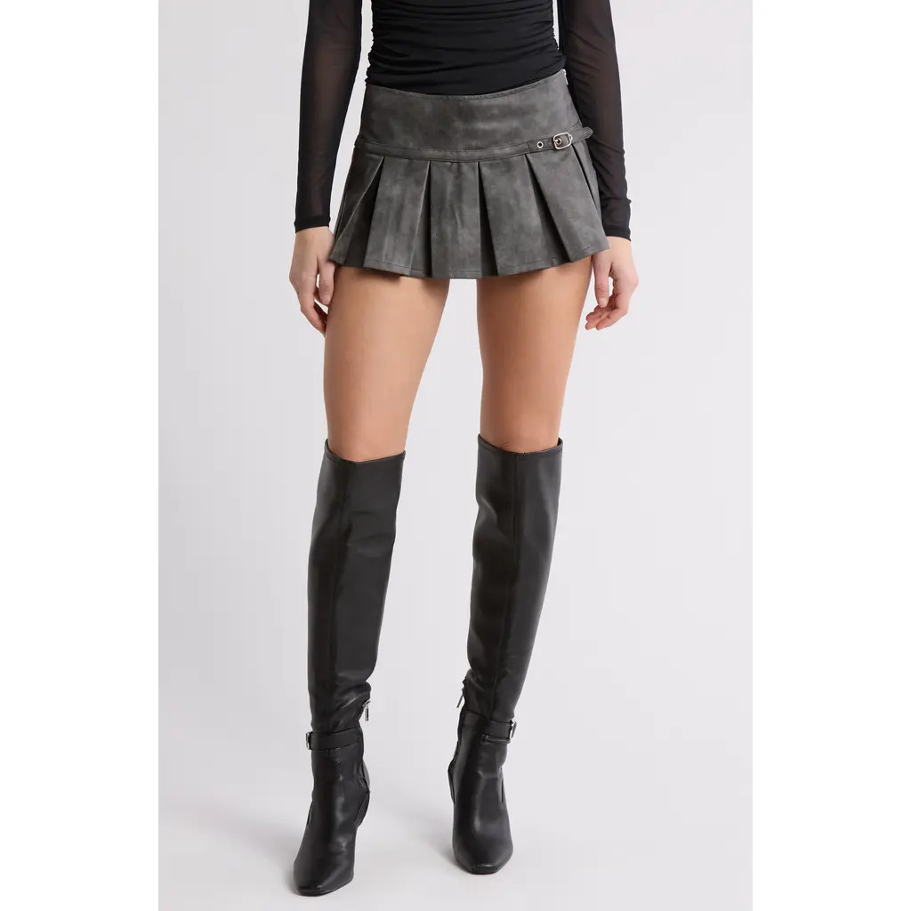 EDIKTED Billi Belted Pleated Faux Leather Miniskort in Dark-Gray at Nordstrom, Size Small | Nordstrom