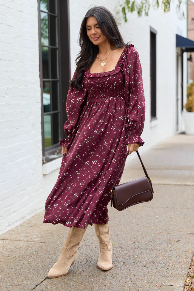 Yasmin Ruffle Smocked Top Burgundy Floral Maxi Dress | Pink Lily
