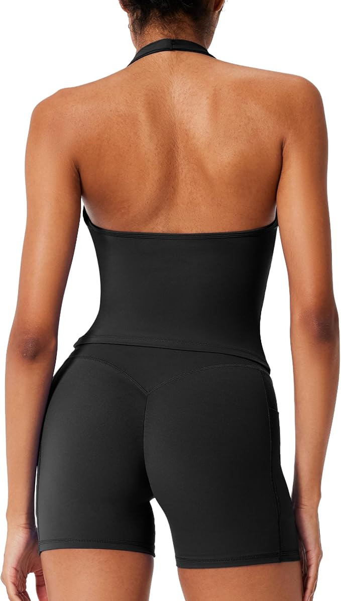 RXRXCOCO Halter Workout Sets for Women 2 Piece V Neck Tank Tops Hidden Scrunch Booty Shorts Gym O... | Amazon (US)