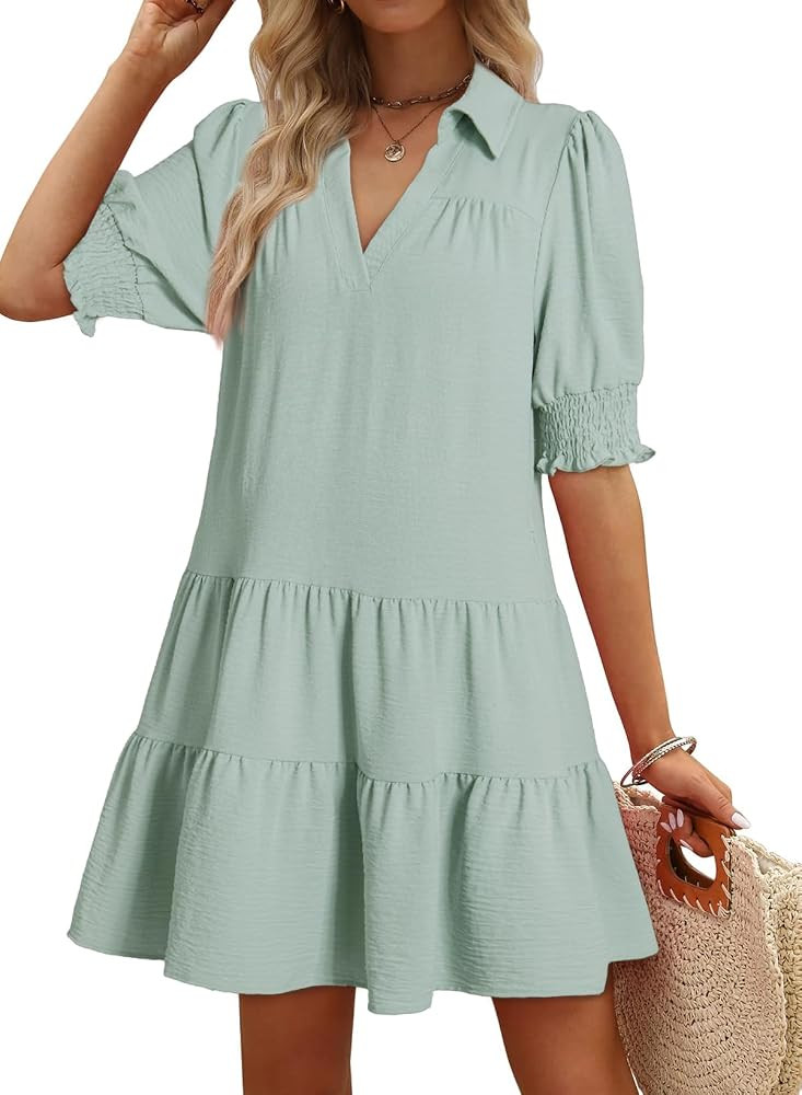 Dokotoo Casual Dresses for Women Lapel Collared V Neck Mid Sleeved Pleated Summer Dresses for Wom... | Amazon (US)