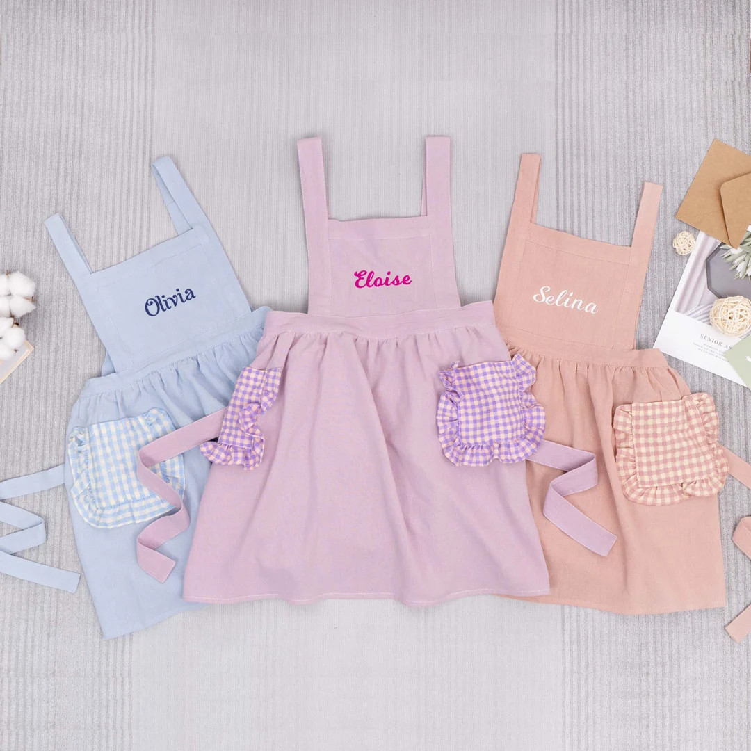 Kids Apron, Personalized Kids Apron With Embroidery Name, Cross Back With Plaid Pockets, Kid's Co... | Etsy (US)