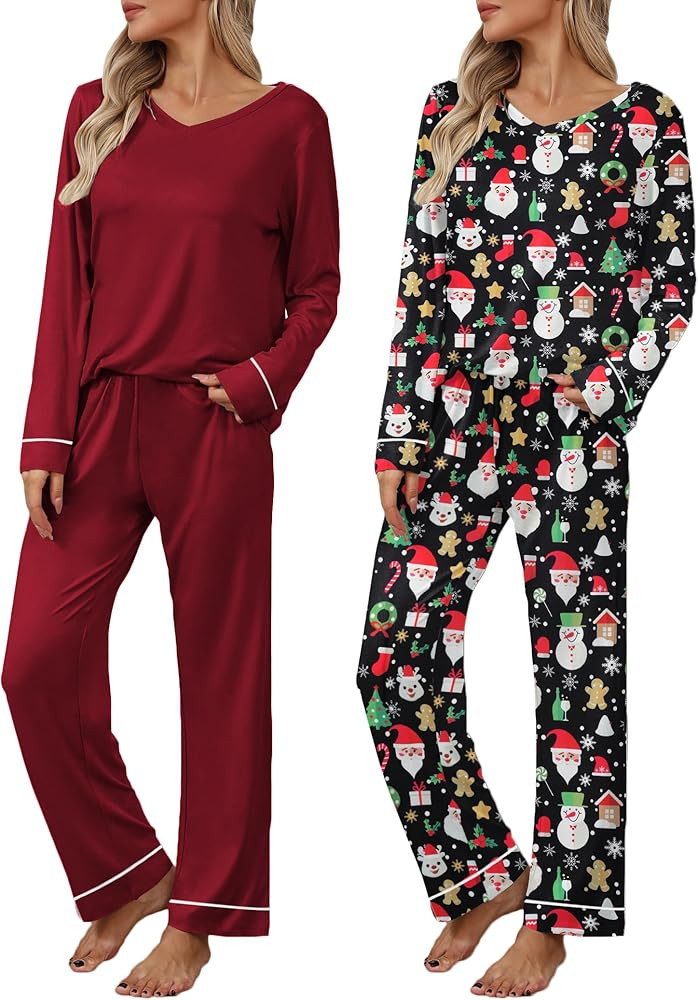 Ekouaer Womens 2 Pack Pajama Set Long Sleeve Pajamas Top and Pants V Neck Pjs Set Soft Loungewear... | Amazon (US)