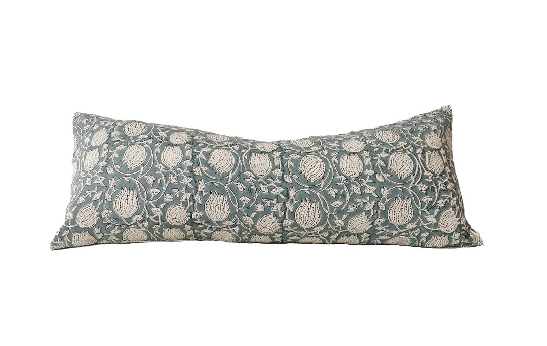 Block Print Linen Pillow, Gray Blue Floral Pillow. Lumbar Pillow Cover.143014341446 - Etsy | Etsy (US)