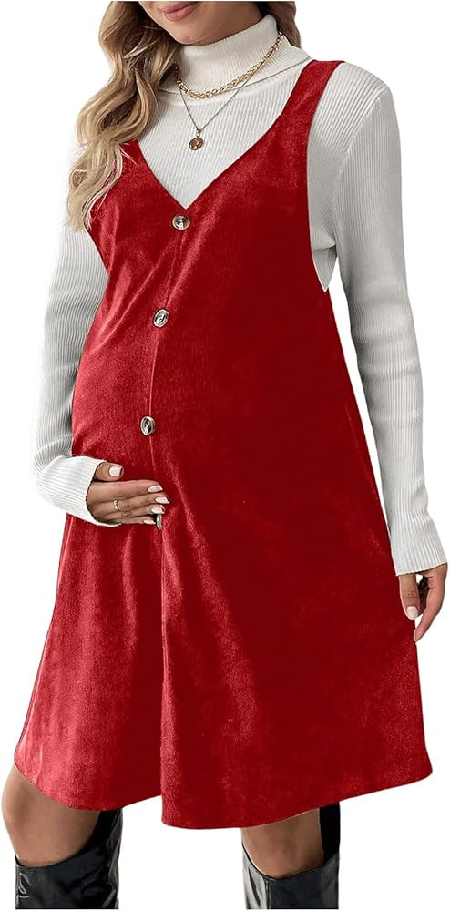 OYOANGLE Women's Maternity Button Front Sleeveless Dress V Neck Straight Pinafore Overall Dresses | Amazon (US)