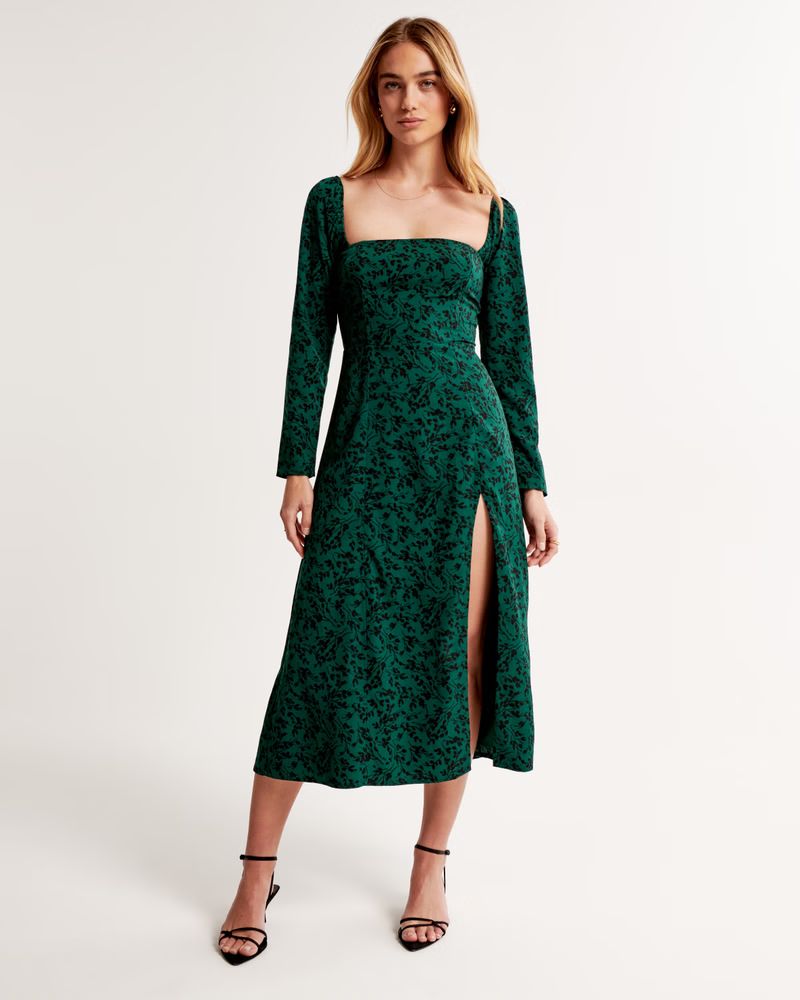 Women's Long-Sleeve Squareneck Midi Dress | Women's Dresses & Jumpsuits | Abercrombie.com | Abercrombie & Fitch (US)