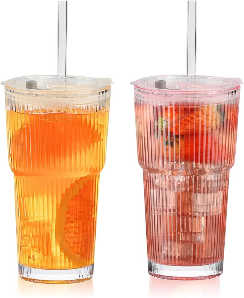 20oz Ribbed Glass Cups with Lids and Straws, Vintage Glass Tumbler with Straw, 2 Piece Iced Coffe... | Amazon (US)