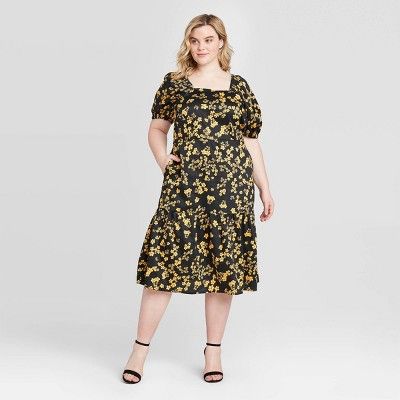 Women's Plus Size Floral Print Puff Short Sleeve Midi Dress - Who What Wear™ Black | Target