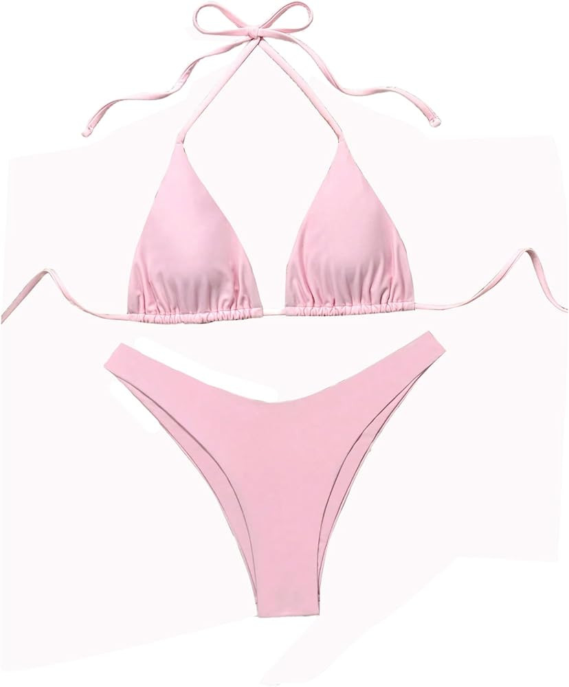 GORGLITTER Women's High Waisted Thong Bikini Set Halter Triangle Tie Back Swimsuit Bathing Suit | Amazon (US)