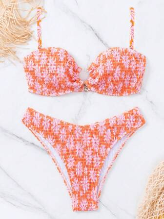 Floral Print Smocked Bikini Swimsuit | SHEIN