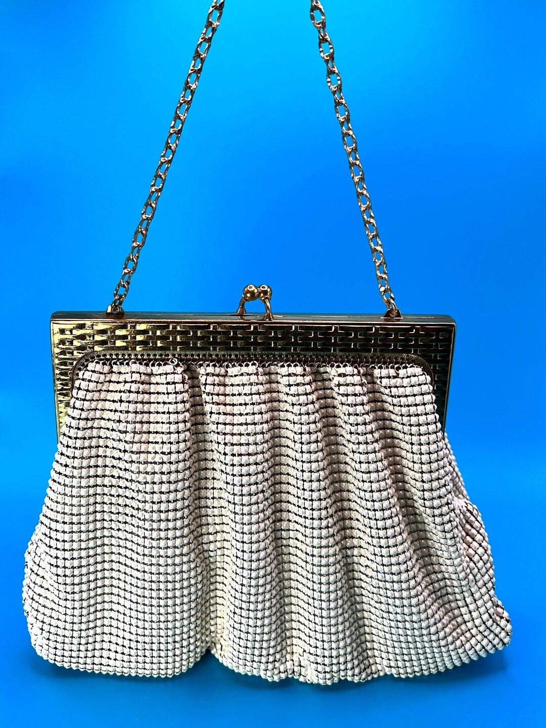 Vintage cream and gold mesh hand bag, Mid-Century fashion purse, SMALL Evening mesh bag | Etsy (US)