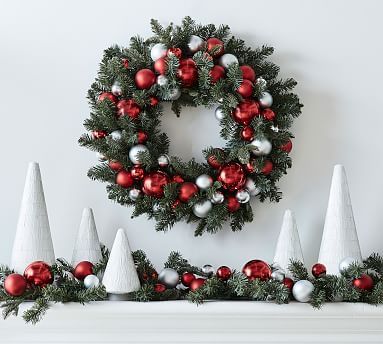 Faux Pine Ornament Wreath & Garland - Red & Silver | Pottery Barn (US)