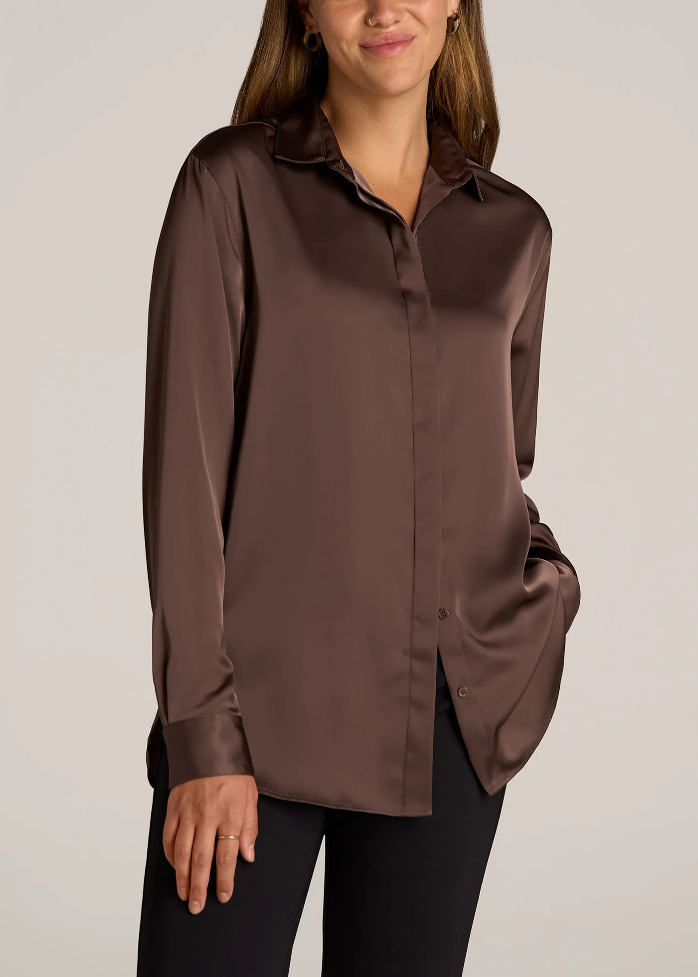 Relaxed Button Up Tall Women's Blouse in Chocolate Mocha | American Tall