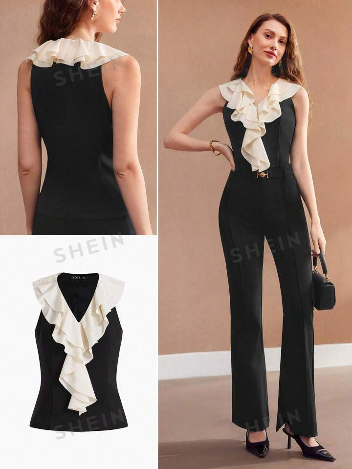 MOTF PREMIUM TWO TONE RUFFLE TRIM BLOUSE | SHEIN