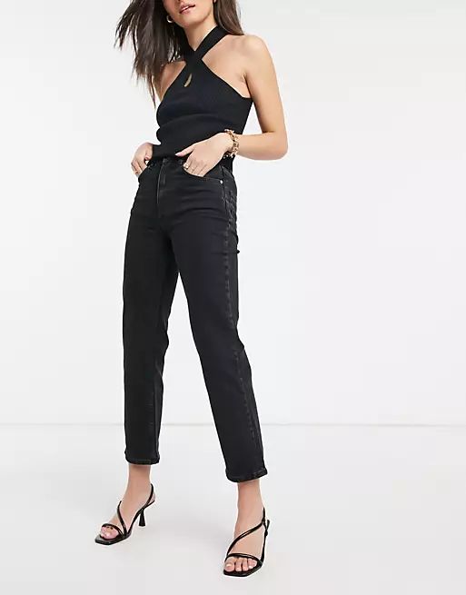 ASOS DESIGN high rise stretch 'slim' straight leg jeans in washed black | ASOS (Global)
