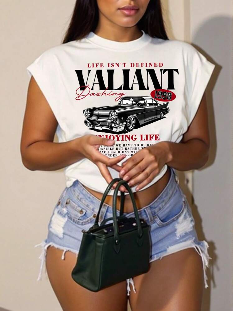 Slaydiva Casual Minimalist VATIANT Slogan Vintage Car Graphic Plus Size T-Shirt,Slightly Sheer Su... | SHEIN