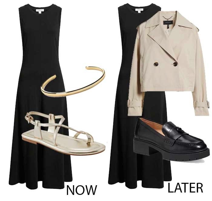 Wear a sleeveless T-shirt dress now and later. Wear it now with gold flat sandals and jewelry and later with loafers and a cropped trench jacket. 

#LTKSeasonal #LTKStyleTip #LTKFindsUnder100