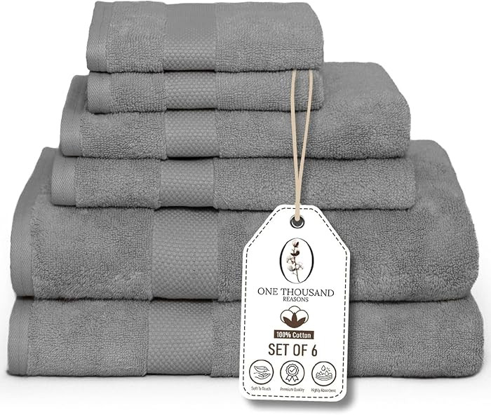 Premium Staple Cotton Bathroom Towel Set - Gray 600 GSM 6-Piece Luxury Bath Towel Set 1 Stripe - ... | Amazon (US)
