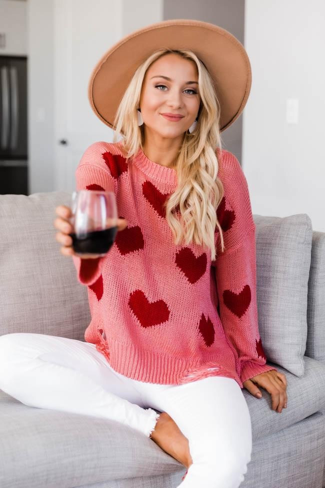 Simply Sweet Distressed Heart Pink Sweater | The Pink Lily Boutique