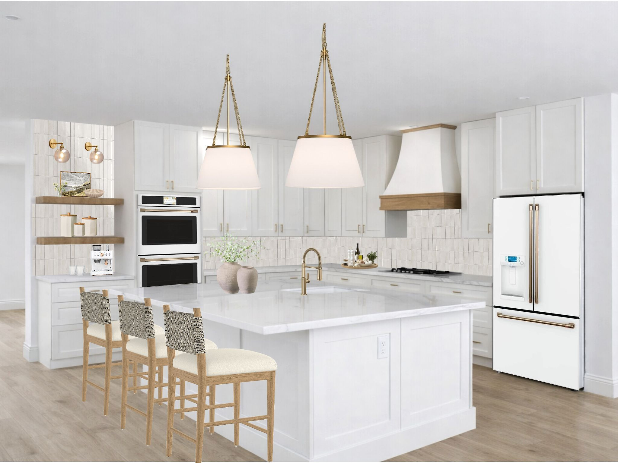 Light + airy kitchen design 🤍 Linking the pieces used in this space — the pendant lights and bar stools are so good! 

 #LTKHome #LTKSaleAlert