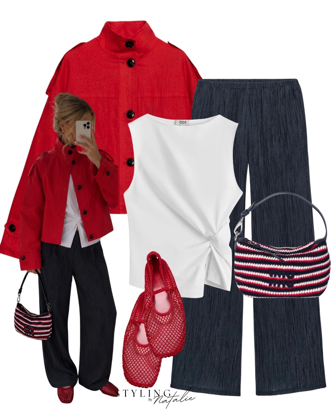 Red linen jacket, white knot detail t- shirt, blue crinkle effect pull on trousers, Miu Miu crochet pouch bag, red mesh ballet flats, Zara, Cos, high street, cool girl style, spring layers, lightweight jacket

#LTKspring #LTKuk #LTKeurope