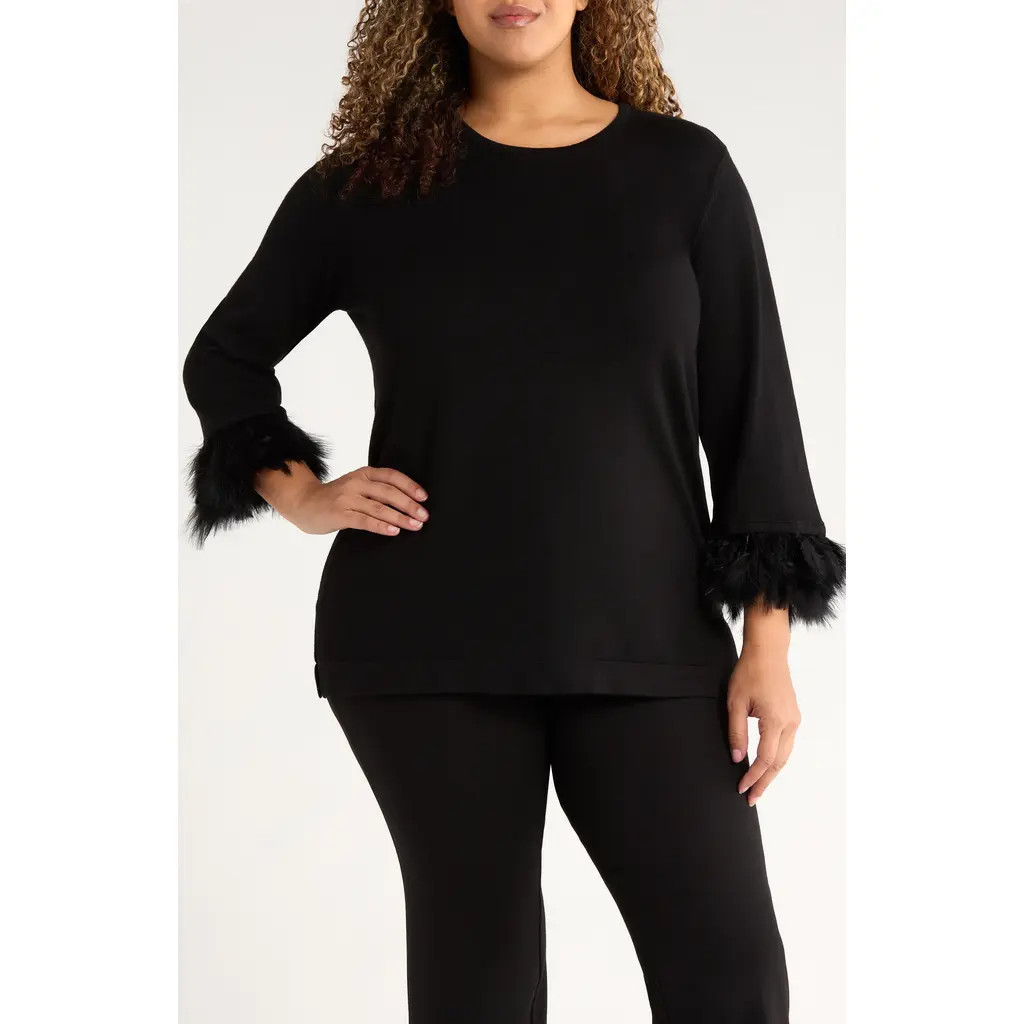 Anne Klein Feather Cuff Long Sleeve Knit Top in Anne Black at Nordstrom, Size 3X | Nordstrom