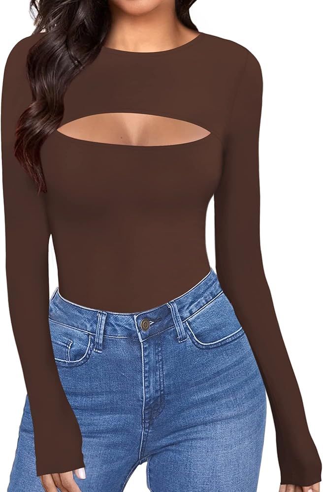 ALGALAROUND Womens Cutout Front Tops Long Sleeve Short Sleeve Bodycon T-Shirts | Amazon (US)