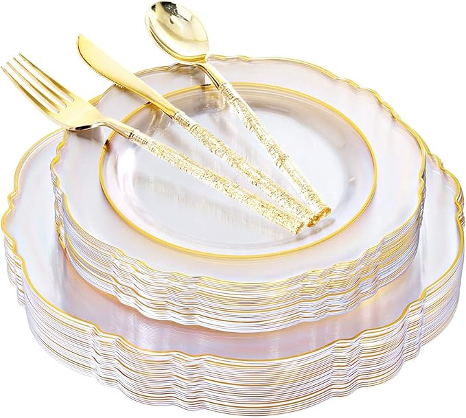 Amazon.com: Liacere 30Guests Clear Gold Plastic Plates & Disposable Gold Plastic Silverware with ... | Amazon (US)