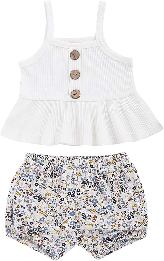 Toddler Baby Girl Clothes Summer Sleeveless Shirt Halter Ruffle Tops+Floral Shorts Outfit Set | Amazon (US)