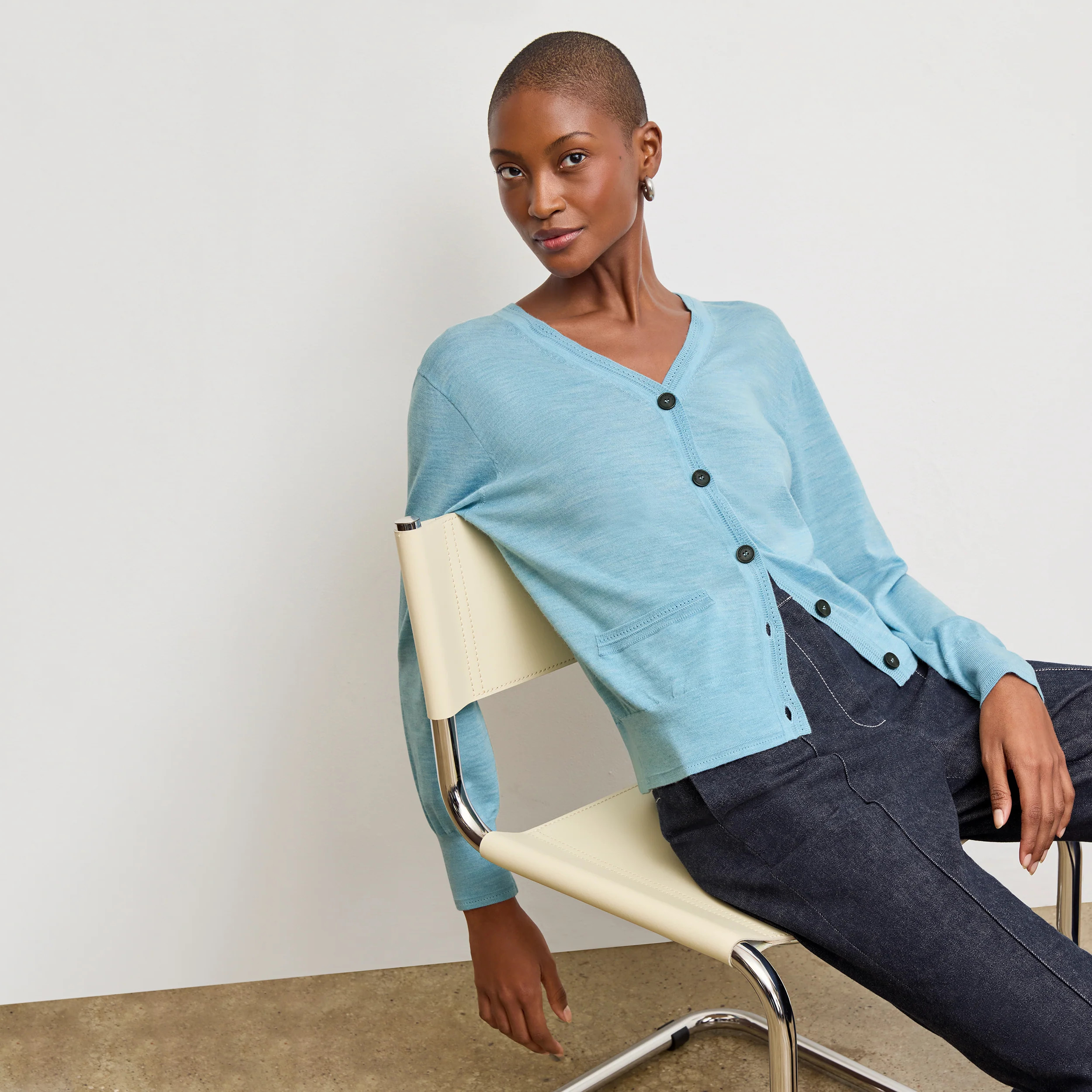 Rosalia Pointelle Cardigan - Light Merino :: Morning Sky | MM LaFleur