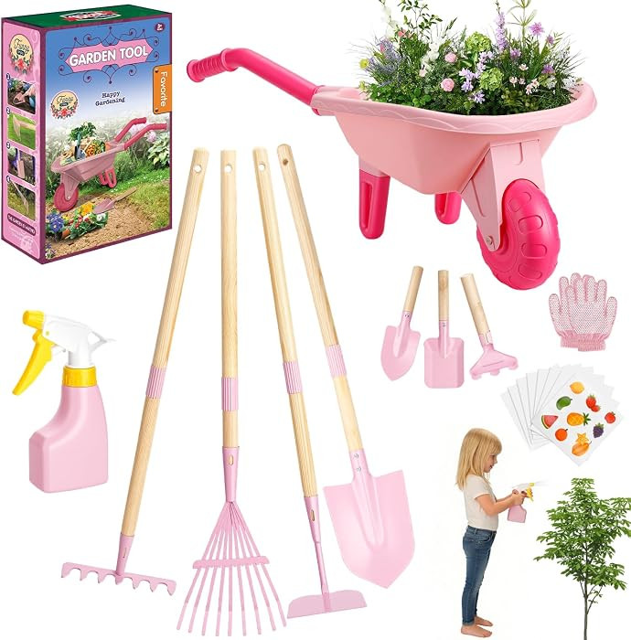 Kids Gardening Tools Set with Wheelbarrow, Wooden & Metal Outdoor Gardening Toys for Summer Outdo... | Amazon (US)