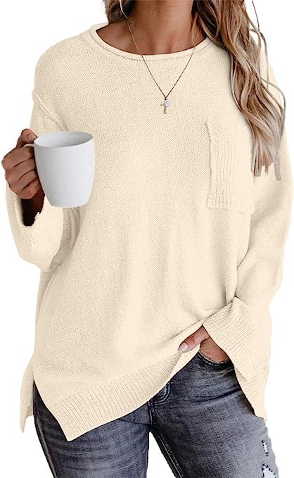 OFEEFAN Sweaters for Women Long Sleeve Side Split Crewneck Pullover Fall Sweater | Amazon (US)