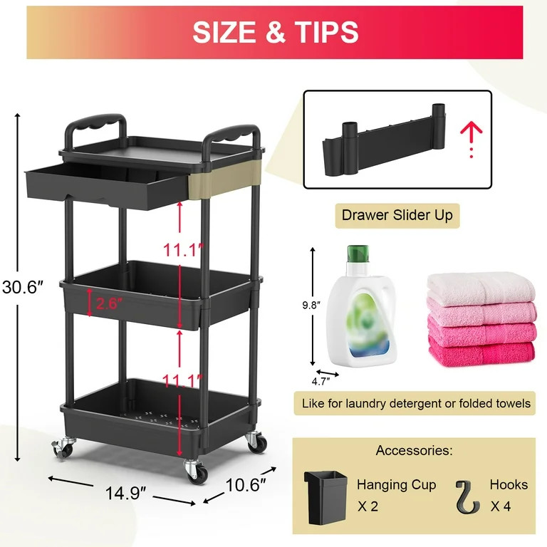 Yeabett 3 Tier Rolling Utility Cart Organizer with Removable Drawer, Mobile Storage Carts with 2 ... | Walmart (US)